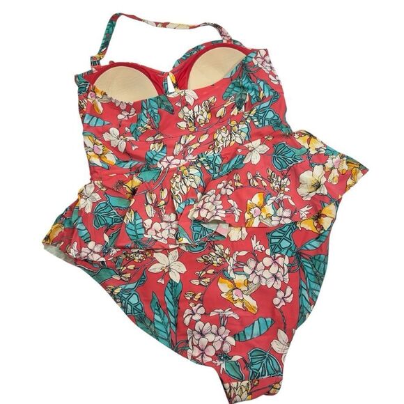 FOREVER 21 + TUMMY CONTROL RUFFLE TROPICAL FLORAL HALTER ONE PIECE SWIMSUIT 1X - Picture 2 of 7